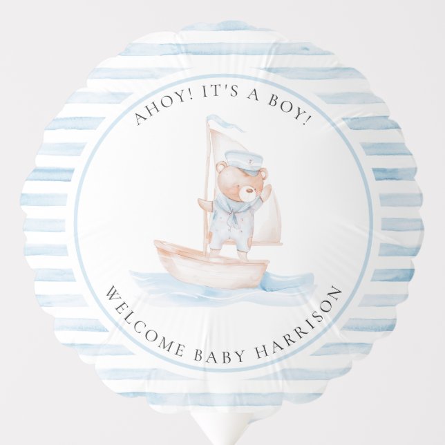 Sailor Bear Blue Stripe Welcome Baby Balloon (Front)