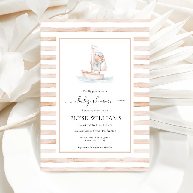 Sailor Bear Tan Stripe Baby Shower Invitation (Creator Uploaded)
