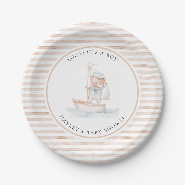Sailor Bear Tan Stripe Baby Shower Paper Plates (Front)