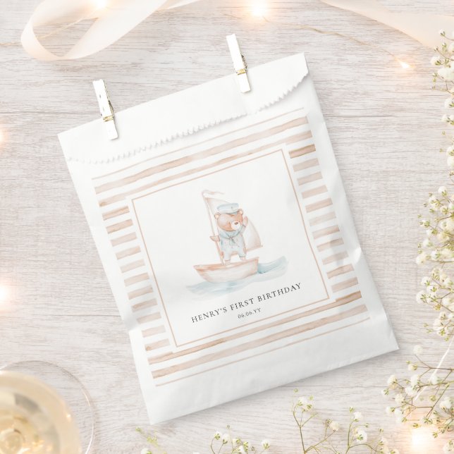 Sailor Bear Tan Stripe Birthday Favor Bag (Clipped)