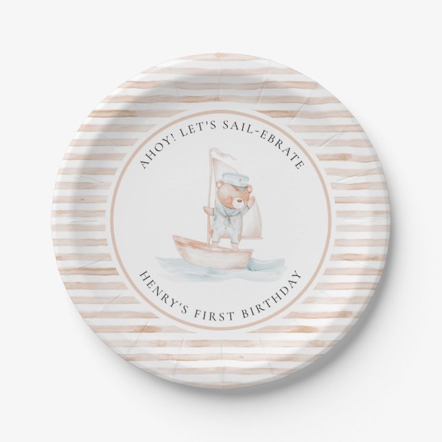 Sailor Bear Tan Stripe Birthday Paper Plates (Front)
