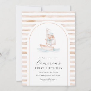 Sailor Bear Tan Stripe First Birthday Arch Invitation