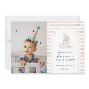 Sailor Bear Tan Stripe Photo First Birthday Invitation