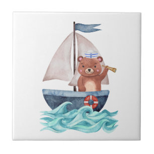 Sailor Bear Watercolor Nautical Waves Sea Boy Baby Ceramic Tile