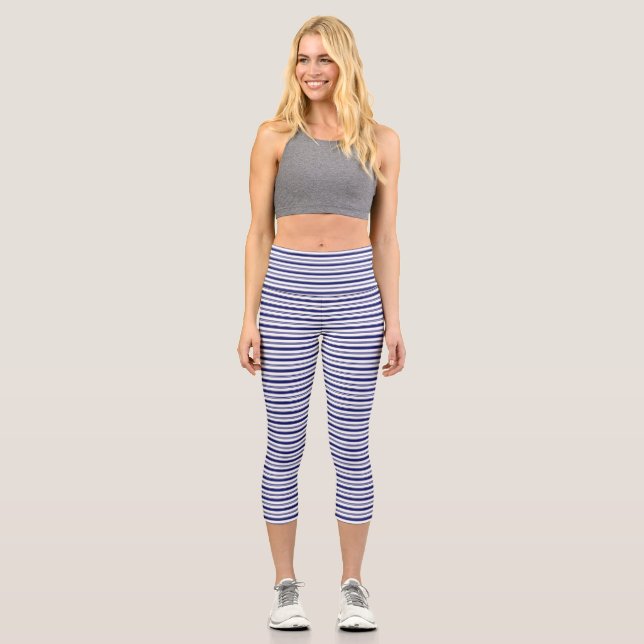 Sailor Blue Horizontal Stripes Capri Leggings (Front)