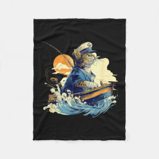 Sailor Cat Captain Boat Fishing  Fleece Blanket