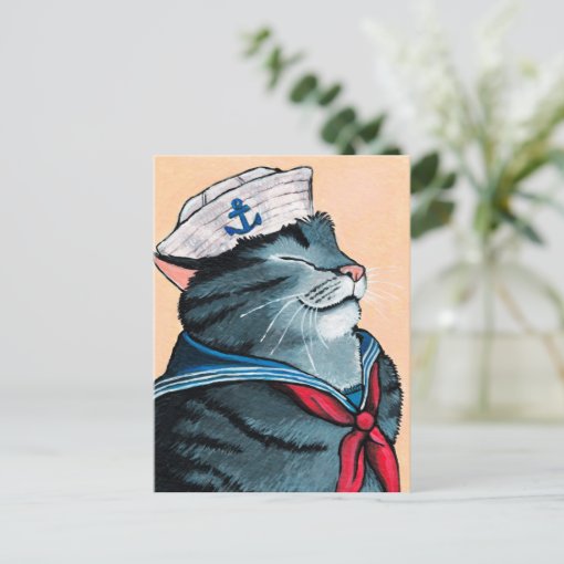 Sailor Cat Nautical Tabby Cat Painting Postcard | Zazzle