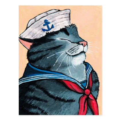 Sailor Cat Nautical Tabby Cat Painting Postcard