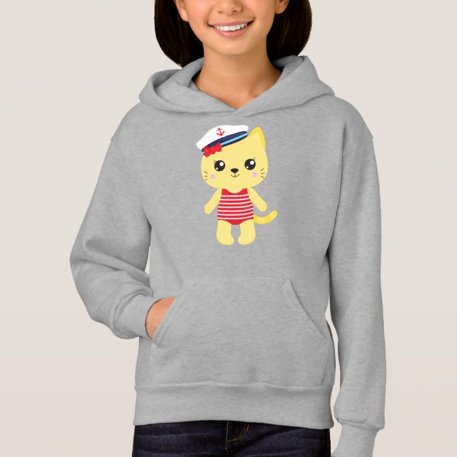 Sailor Cat, Sailor Hat, Boat Captain, Yellow Cat Hoodie (Front)