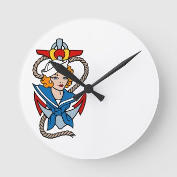 Sailor Girl And Anchor Tattoo Art Round Clock by FaerieRita at Zazzle