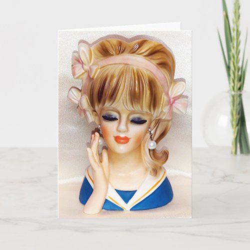 Sailor Girl Head Vase Pink Bows Long Blonde Hair Card