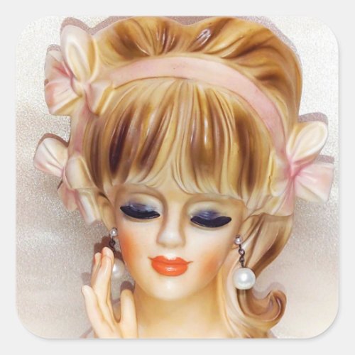 Sailor Girl Head Vase Pink Bows Long Blonde Hair Square Sticker