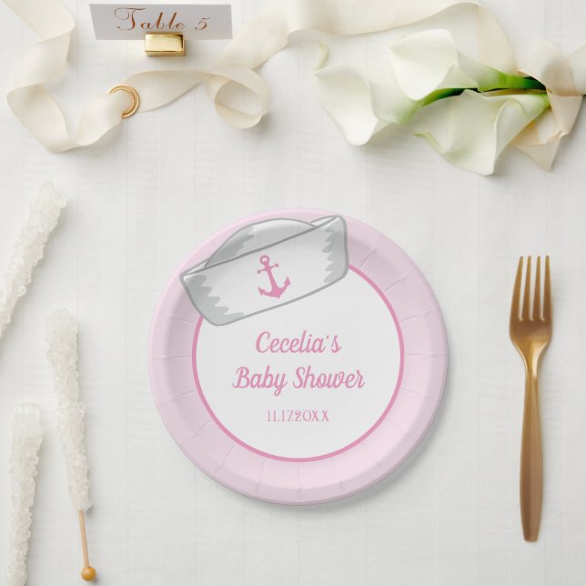 Sailor Hat Girl Nautical Baby Shower Paper Plates (Wedding)