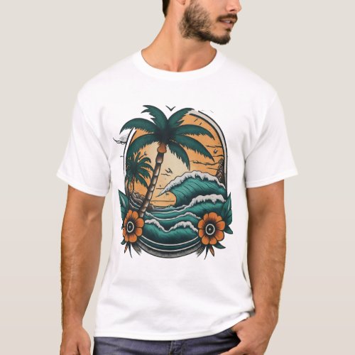 Sailor Jerry Inspired Beach Scene Tropical Tattoo T_Shirt