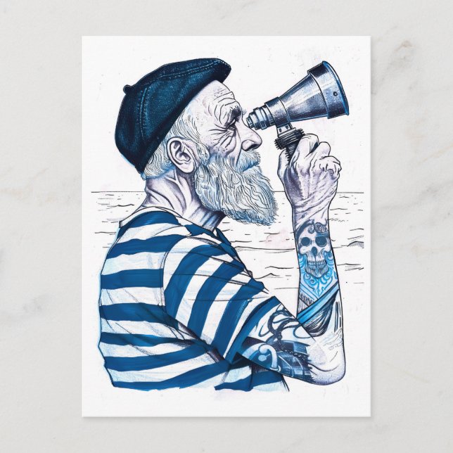 Sailor Looking Through Telescope Toward Distant Ho Postcard (Front)