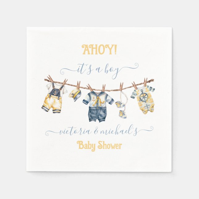 Sailor Nautical Ahoy Boy Baby Shower Clothesline Napkins (Front)