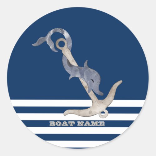 Sailor Nautical Anchor Dolphin Navy Blue Striped   Classic Round Sticker