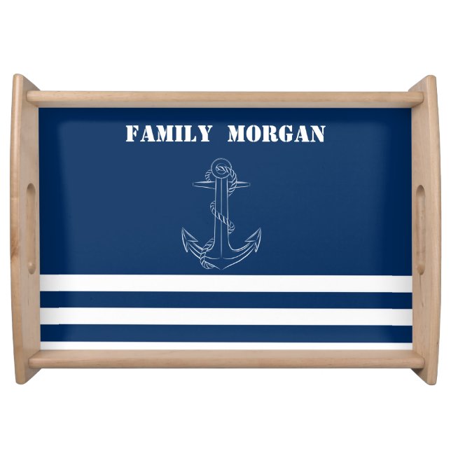 Sailor Nautical Anchor Navy Blue Striped  Serving Tray (Front)