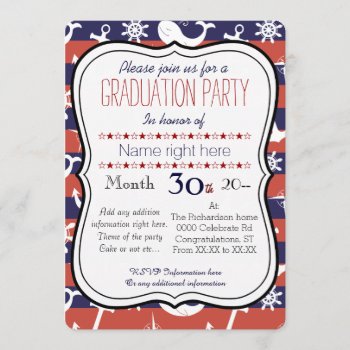 Sailor Nautical Navy Blue And Red Graduaton Party Invitation by RoseRoom at Zazzle