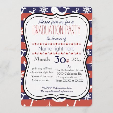 Sailor Nautical Navy Blue And Red Graduaton Party Invitation
