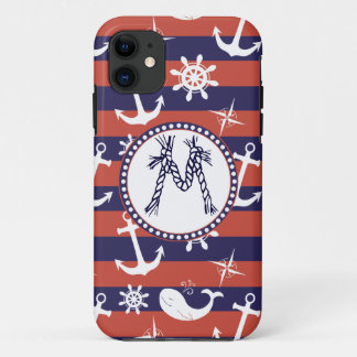 Sailor Nautical navy blue and red stripes monogram iPhone 11 Case