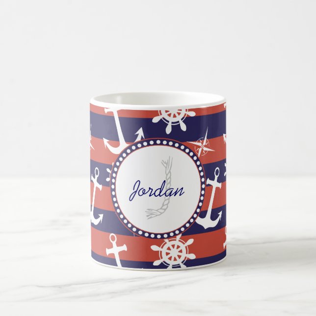 Sailor Nautical navy blue and red stripes monogram Coffee Mug (Center)