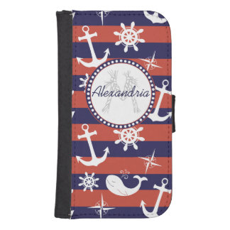 Sailor Nautical navy blue and red stripes monogram Wallet Phone Case For Samsung Galaxy S4