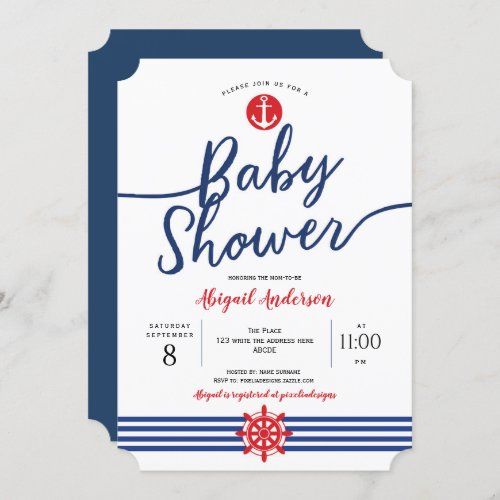 Sailor Navy Red Anchor Baby Boy Nautical Invitation