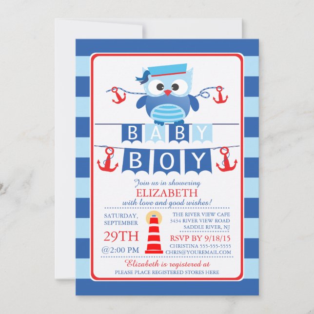 Sailor Owl Nautical Boy Baby Shower Invitation (Front)