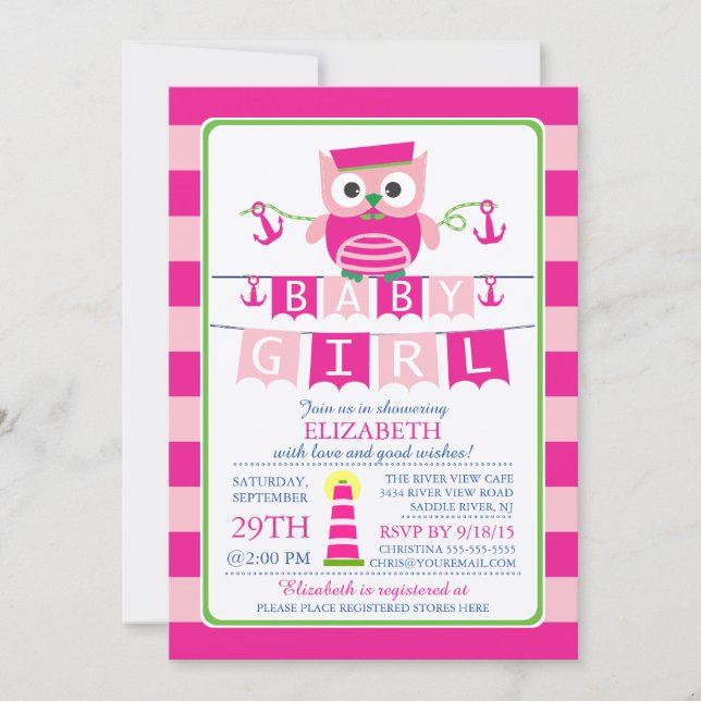 Sailor Owl Nautical Girl Baby Shower Invitation (Front)