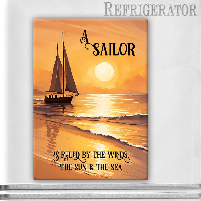 Sailor Sailboat Sunset Custom Quote Magnet (Rectangle nautical magnet featuring a painting of a sailboat on the ocean at sunset - with quote)
