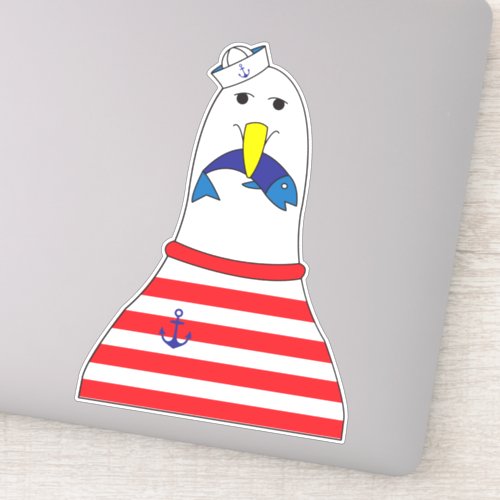 Sailor Seagull Bird Eating a Fish Kids Nautical Sticker