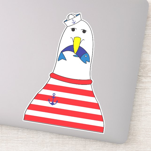 Sailor Seagull Bird Eating a Fish Kids Nautical Sticker (Detail)