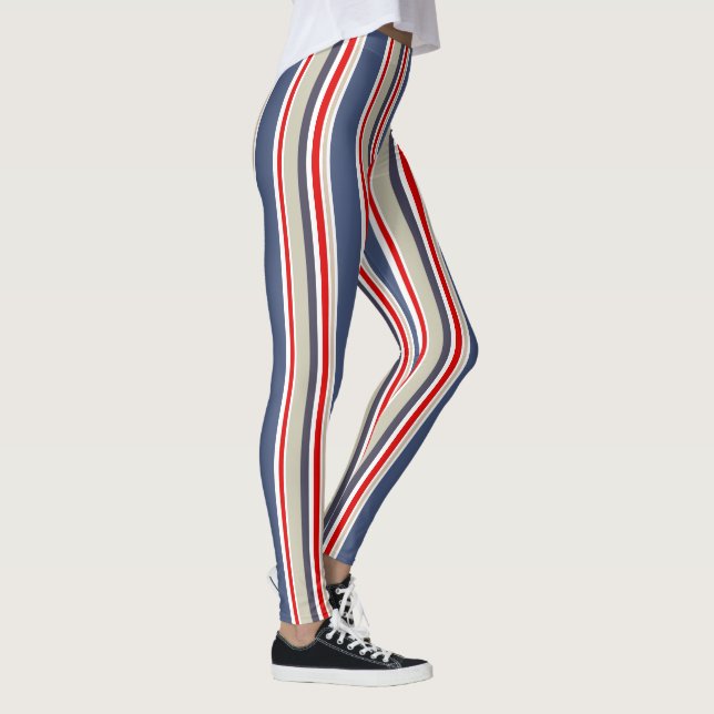 Sailor Stripes Nautical Blue, Red, White, Gray Leggings (Right)