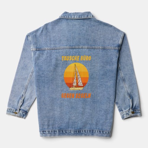Sailor swap office against sailing sailboat  denim jacket