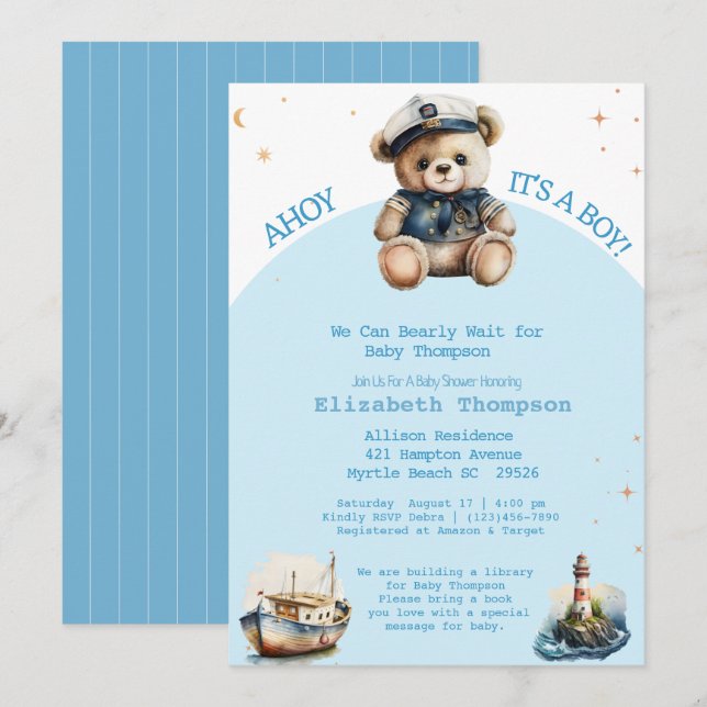 Sailor Teddy Bear Bring a Book Baby Shower  Invitation (Front/Back)