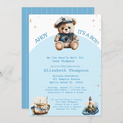 Sailor Teddy Bear Bring a Book Baby Shower  Invitation