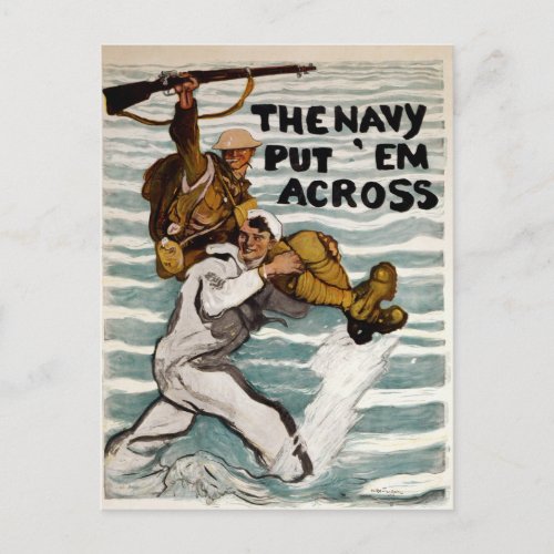 Sailor Wading As He Carries A Soldier On Shoulder Postcard