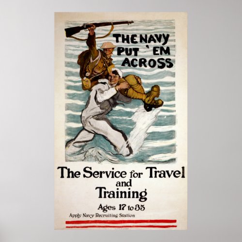 Sailor Wading As He Carries A Soldier On Shoulder Poster