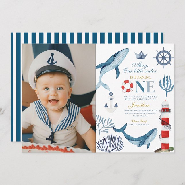 Sailor Watercolor Whale Sea 1st Birthday Invitation (Creator Uploaded)