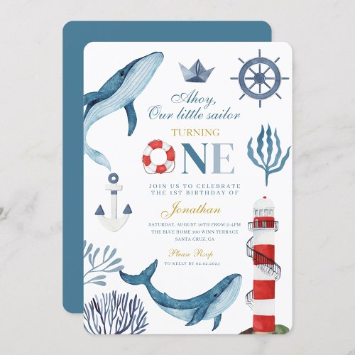 Sailor Watercolor Whale Sea 1st Birthday Invitation
