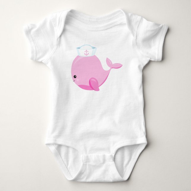 Sailor Whale, Cute Whale, Little Whale, Pink Whale Baby Bodysuit (Front)