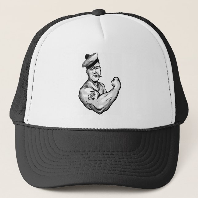 SAILOR WITH ANCHOR TATTOO TRUCKER HAT (Front)