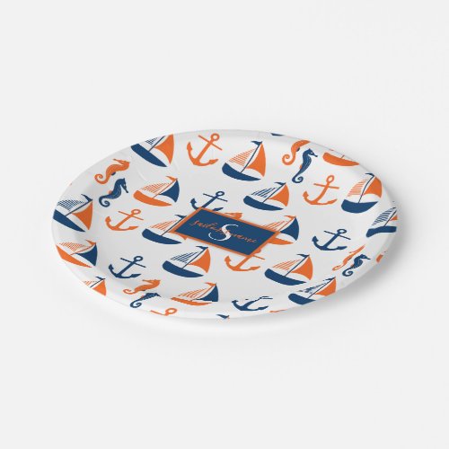 Sailors Blue and Orange Marine Pattern Monogram Paper Plates