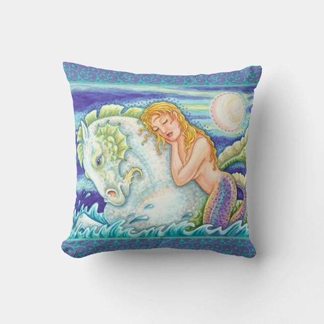 SAILOR'S FANTASY MERMAID RIDING MERHORSE, SEAHORSE THROW PILLOW (Front)