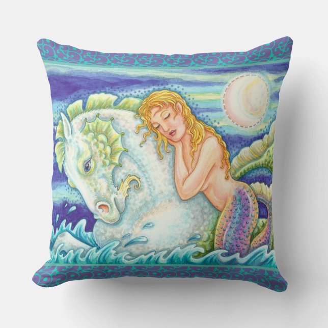 SAILOR'S FANTASY MERMAID RIDING MERHORSE, SEAHORSE THROW PILLOW (Front)