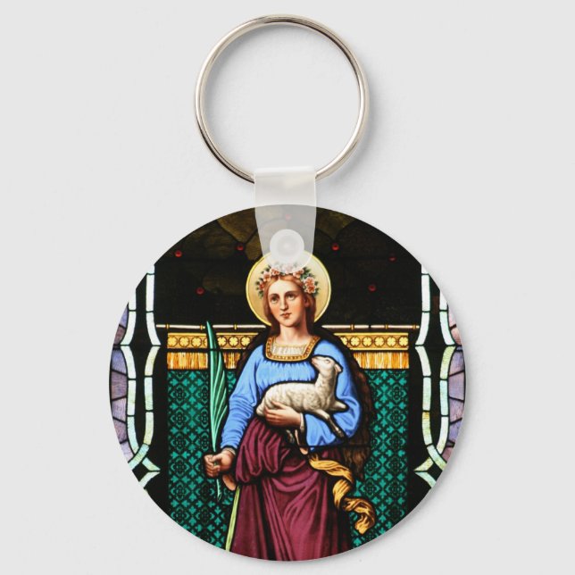 Saint Agnes (Agnes of Rome) - Stained Glass Art Keychain (Front)