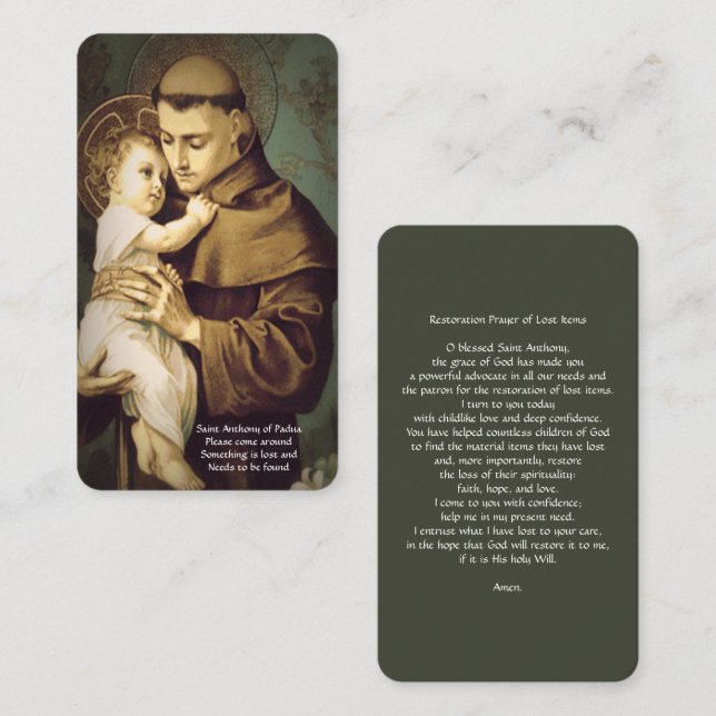 Saint Anthony Restoration Prayer of Lost Items Enclosure Card (Front/Back)