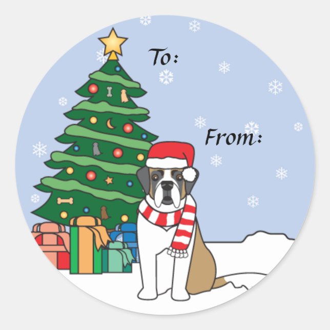 Saint Bernard and Christmas Tree Classic Round Sticker (Front)