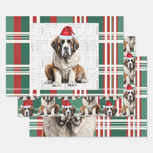 Saint Bernard Christmas Dog Red Green Plaid Wrapping Paper Sheets (Set)